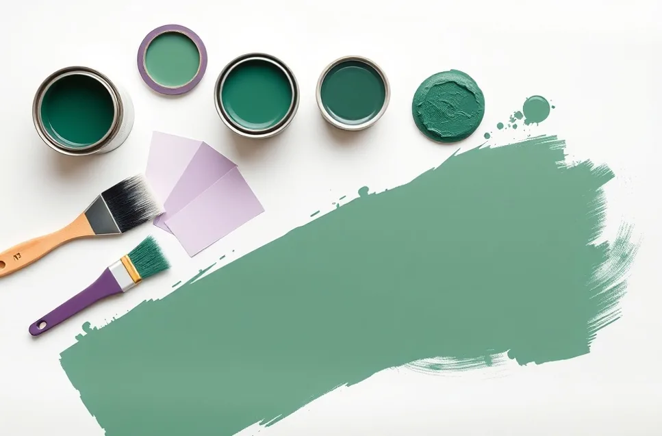 Pots de peinture, nuancier, brosses et rouleaux disposés à plat