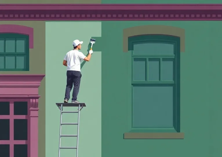 Peintre sur échafaudage traitant la façade d'une maison