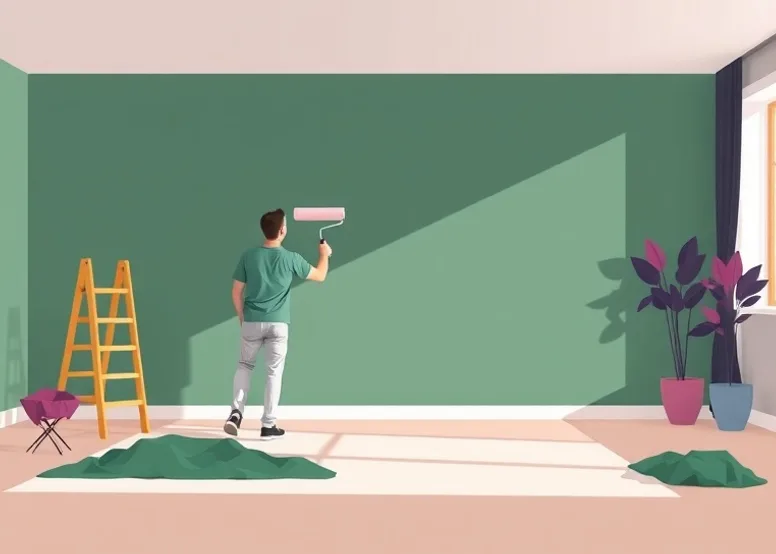 Peintre appliquant la peinture au rouleau sur un mur de salon